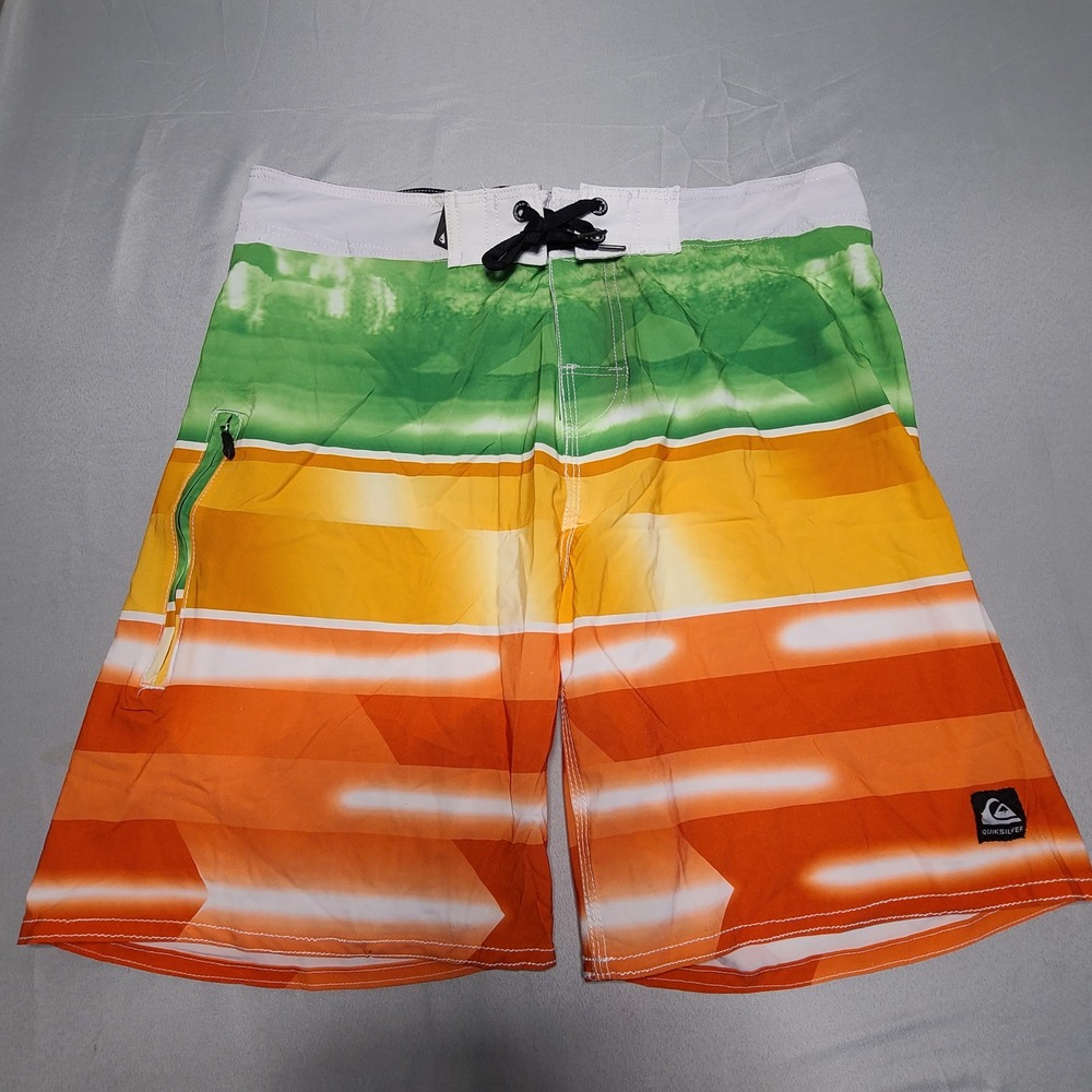 Quiksilver Board Shorts Mens Size 34 Orange Green Striped‎ 4-Way Stretch